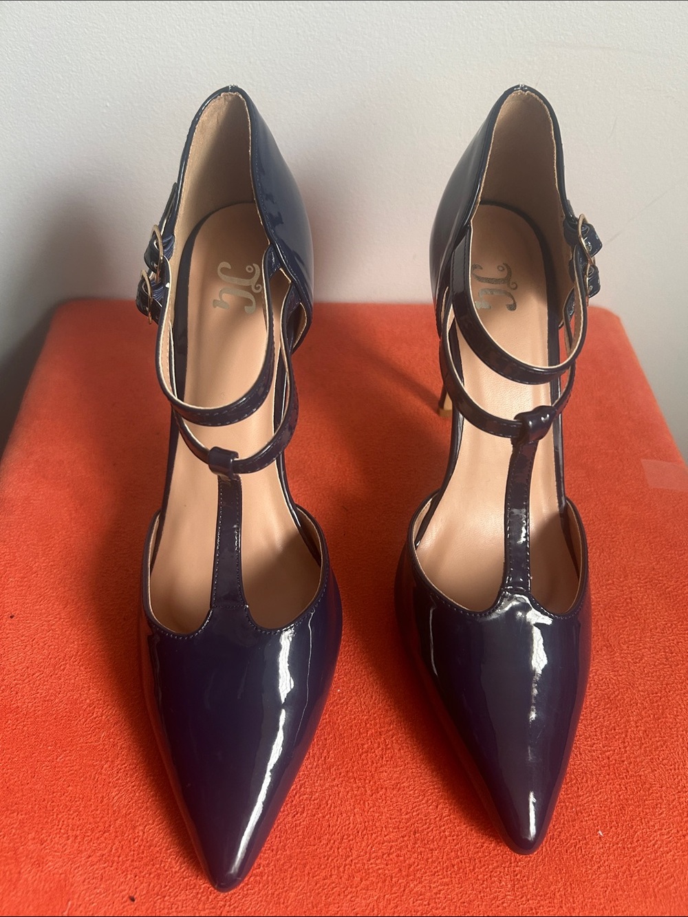 Patent T-Strap Pointed Pumps in Navy